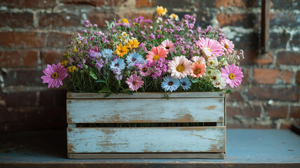 A detailed photo of a vintage wooden crate filled with pastel-colored wildflowers, set against a rustic brick wall