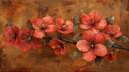 A vibrant branch of coral flowers against a textured background, showcasing nature's beauty and artistry.