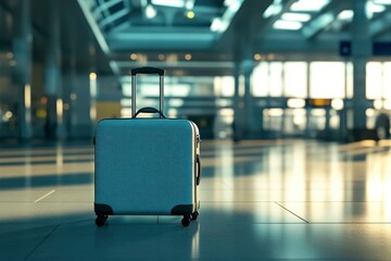 Suitcase on the floor of the airport terminal. 3D rendering. Business trip with suitcase and airport background. Travel and vacation concept, with generative ai