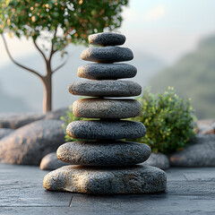 flat river rocks stack of gray colored stones zen relaxing relaxation beautiful meditative graphic design trees mountains valleys background