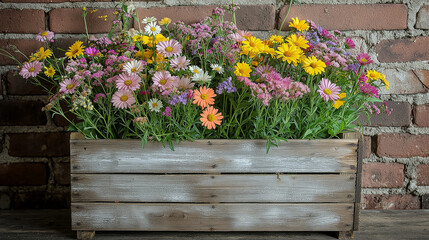 Fototapeta premium A detailed photo of a vintage wooden crate filled with pastel-colored wildflowers, set against a rustic brick wall