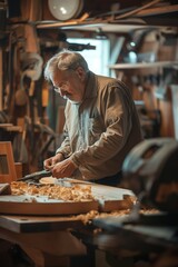 Mature man works on woodworking project in garage workshop. He uses chisel to carve intricate designs into wood piece. Various tools and materials surround him. Natural light enters through window.