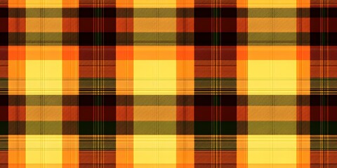 Seamless plaid pattern in yellow, orange, brown, and black.