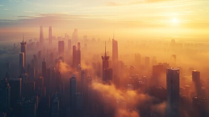 Fototapeta premium A sunrise over a misty city skyline.