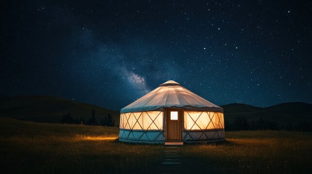 A peaceful yurt scene with a starry sky and the exterior softly lit by exterior lights. Isolated white background