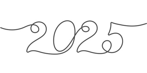 2025 Happy New Year . Christmas symbols 2025 .One line drawing. Vector illustration.