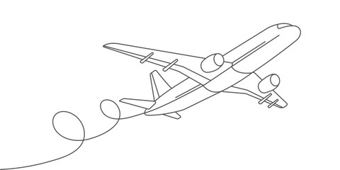 Flying plane.Airplane line drawing.Air flights.Vacation banner.Vector illustration .