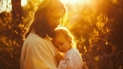 Jesus and a child in a tender embrace golden hour light