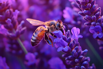 Fototapeta premium Macro Shot of Bee Pollinating Purple Lavender Flower with Detailed Pollen and Petal Patterns