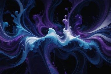 Obraz premium Abstract swirling blue, purple, and white paint on a black background.