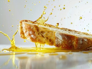 Fresh bread dipping into olive oil droplets and splash