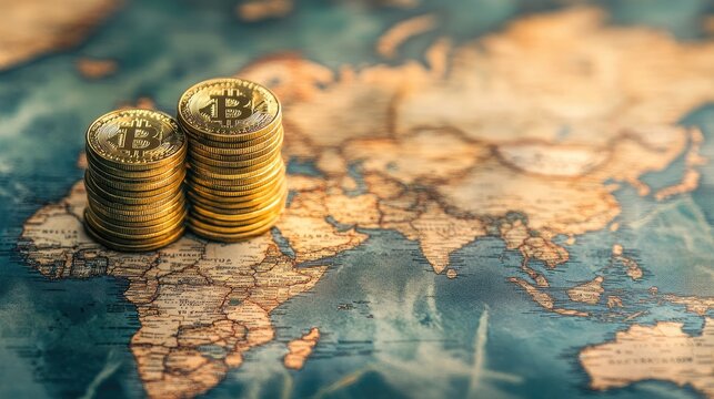 Stack of coins placed on a global map, representing financial growth and the global expansion of businesses.