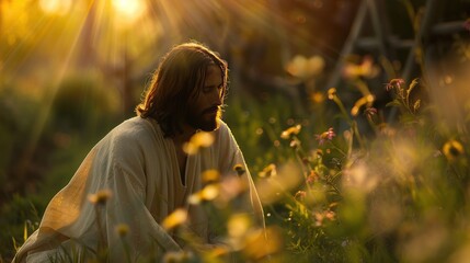 Jesus in a garden at dawn dew on flowers