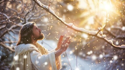 Jesus in a snowy scene hands extended towards a barren tree
