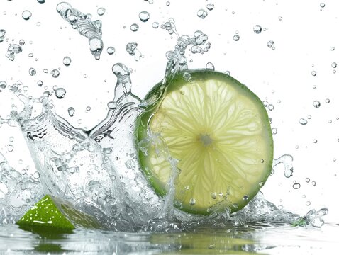 Fresh lime slice splashing into a gin tonic effervescent bubbles