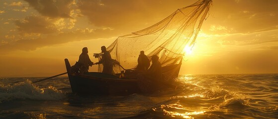Jesus inside a fishermans boat casting nets with hopeful fishermen