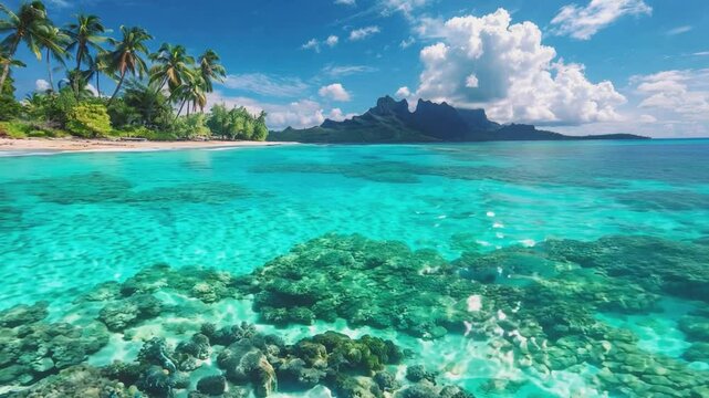 A stunning tropical island scene with a split view of a pristine beach and underwater coral reef. 