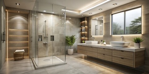 A modern bathroom boasts a floor-to-ceiling glass shower, double sink vanity with LED lighting, and elegant fixtures in