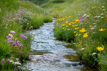 Serene Flow: Tranquil Stream meandering through Lush Meadow with Wildflowers
