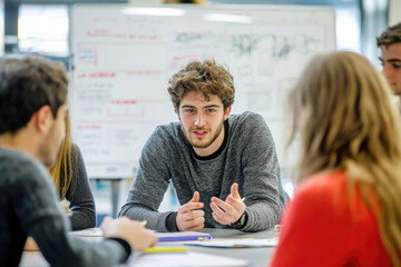 Students Discussing a Project in a Modern Classroom with Bright Light and Interactive Atmosphere