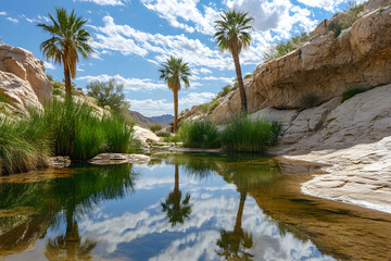 Oasis of Life in the Arid Desert - A Captivating Reflection of Palm Trees in Pristine Water Pool Amidst Desert Landscape, Documentary Shot