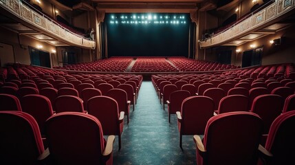 The silent grandeur of an empty theatre auditorium, with plush seats and a vast stage awaiting the next show.