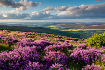 Fototapeta premium Majestic Moorlands: Vibrant Heather and Gorse Blanketing Rolling Hills under Dramatic Sky