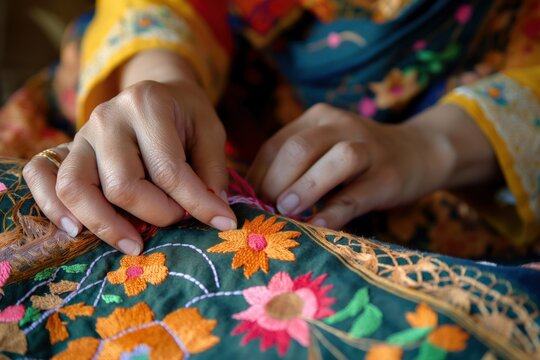 South Asian woman sits at table with colorful fabrics. She wears traditional Indian sari while embroidering intricate patterns on fabric. Stone wall provides contrasting background to vibrant scene.
