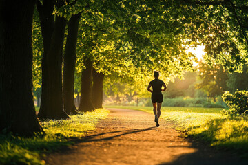 Fototapeta premium Jogger Running Through Lush Green Park with Morning Sunlight Capturing Fitness and Wellness in a Vibrant and Healthy Outdoor Scene