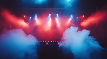 Vibrant concert stage with bright spotlights and billowing smoke, setting the scene for an electrifying live music event