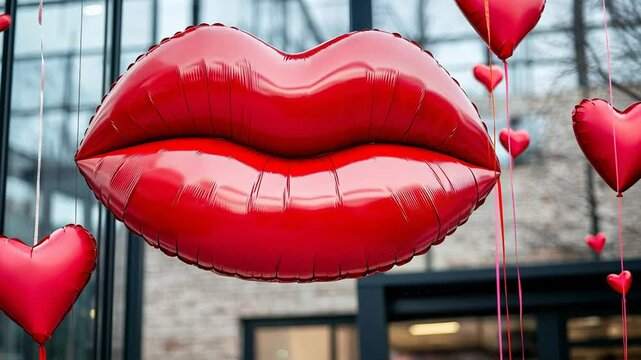 A large red lips balloon surrounded by heart-shaped balloons, perfect for celebrating Valentine's Day or romantic events
