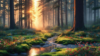 Fototapeta premium Forest at Dusk: The Beauty of Golden Sunset