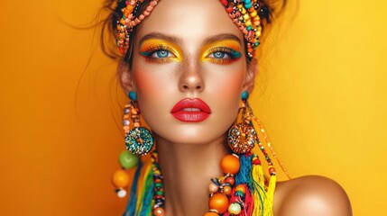 Naklejka premium Portrait of a young woman with vibrant makeup and accessories.