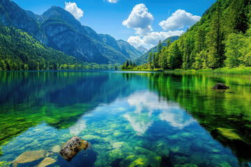 Tranquil Lake Surrounded by Mountains and Forests Capturing Clear Reflections and Vibrant Colors for Peaceful Landscape Photography