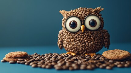 Obraz premium A whimsical owl crafted from coffee beans stands proudly on a layer of beans. Surrounding it are delicious cookies. This unique art piece combines food and creativity. AI