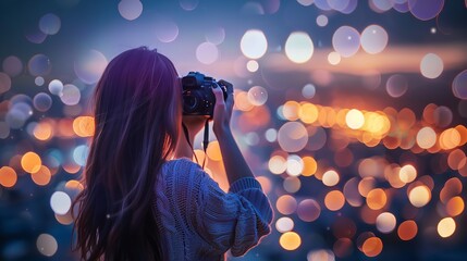 A woman holding a camera against a bokeh background