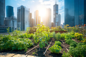 Fototapeta premium Serene Urban Oasis: Rooftop Garden Amid City Skyscrapers Embracing Sustainability and Local Farming on a Sunny Day.