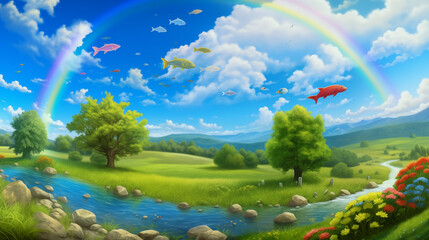 Fantasy landscape with flying fish and rainbow