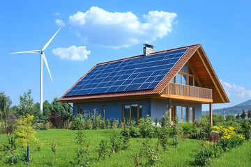Obraz premium Sustainable Living: Eco-Friendly House with Solar Panels and Wind Turbine on Sunny Day