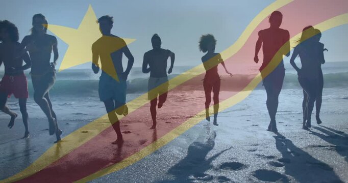 Running on beach, group of people over Democratic Republic of Congo flag animation