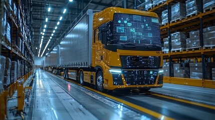 An AR-assisted logistics hub with real-time data streams guiding package sorting and delivery processes.