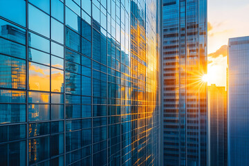 Solar cells seamlessly integrated into the glass facades of skyscrapers urban renewable energy solutions skyline reflecting the morning sun