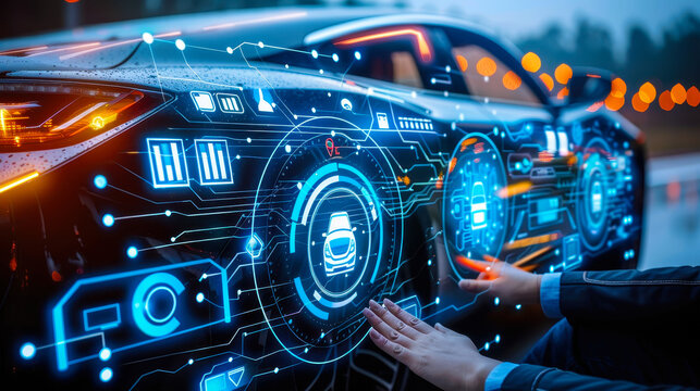 Futuristic Intelligent Car with Graphical User Interface at Night: Heads-Up Display, Internet of Things, Connected Vehicle Technology with Interactive HUD Display
