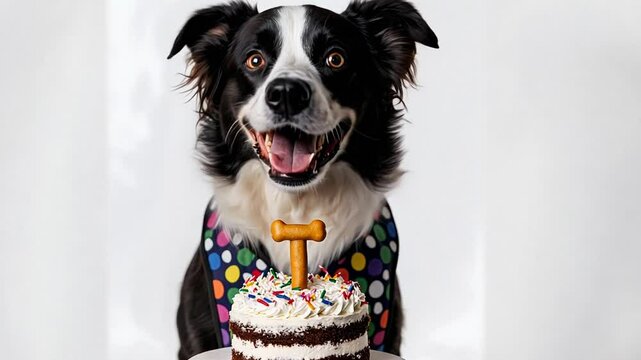 A joyful Border Collie wears a colorful polka-dot bandana, celebrating a birthday with a cake topped with a bone-shaped treat