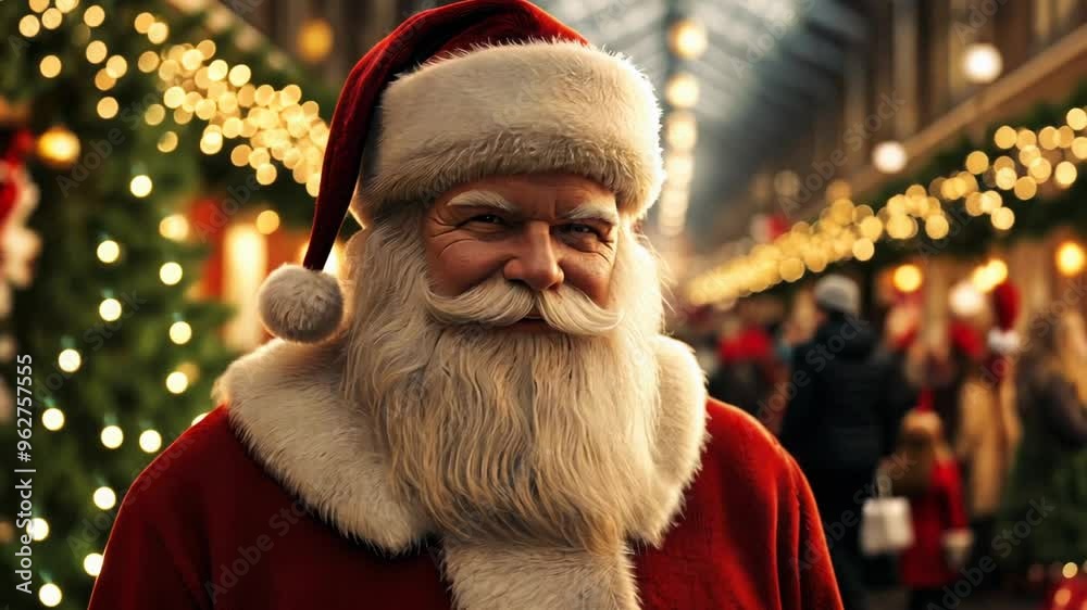 Poster A cheerful Caucasian Santa Claus posing in a festive Christmas market, capturing the holiday spirit with twinkling lights and decorated trees in the background