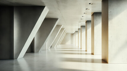 Obraz premium Minimalistic Concrete Interior with Sunlit Columns in Modern Architectural Design, Spacious Symmetry, Daylight, Futuristic, Urban Loft Style, Empty Hallway, Clean Lines, Raw Industrial Aesthetics