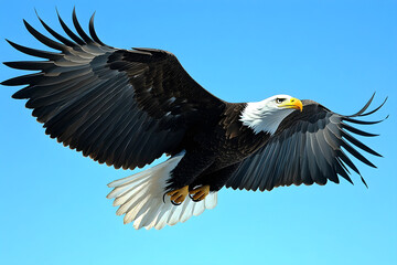 Obraz premium Majestic Bald Eagle Soaring High in Clear Blue Sky, Symbol of Freedom and Power