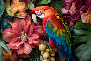 Fototapeta premium Vibrant Parrot Perched on Tropical Flower in Lush Rainforest - Close-up Detailed Feathers Texture