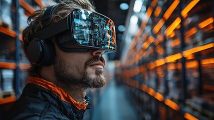 A worker using augmented reality to navigate a complex warehouse with smart shelves and automated systems.
