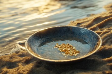 Gold discovery in river sand  shallow depth of field.